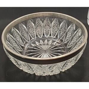 Vintage Cut Glass Silver Metal Rimmed 8" Serving Bowl Rim Is Removeable
